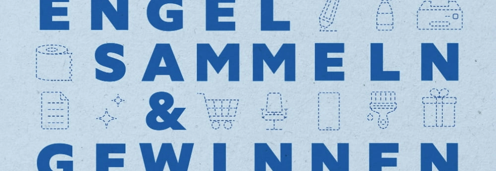 Blauer Schriftzug „ENGEL SAMMELN & GEWINNEN“ umgeben von Produkt-Icons.